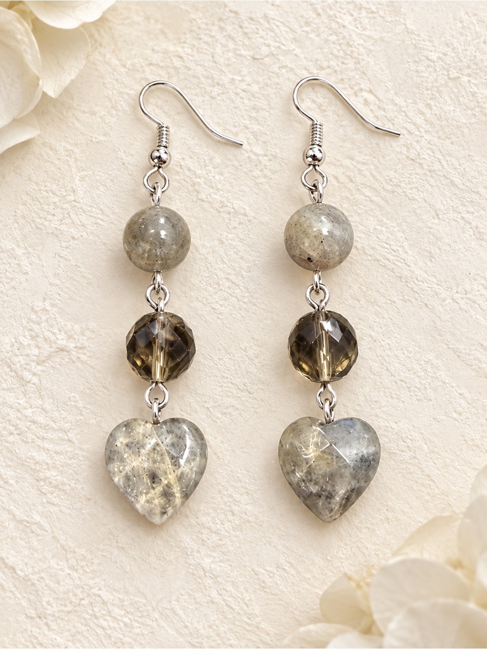 🆕❤️Labradorite & Smoky Quartz Heart Drop Earrings - Gray